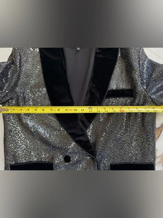 ZARA TRF Sequin Blazer Velvet Collar Black Silver Party Jacket Size M - Picture 5 of 8